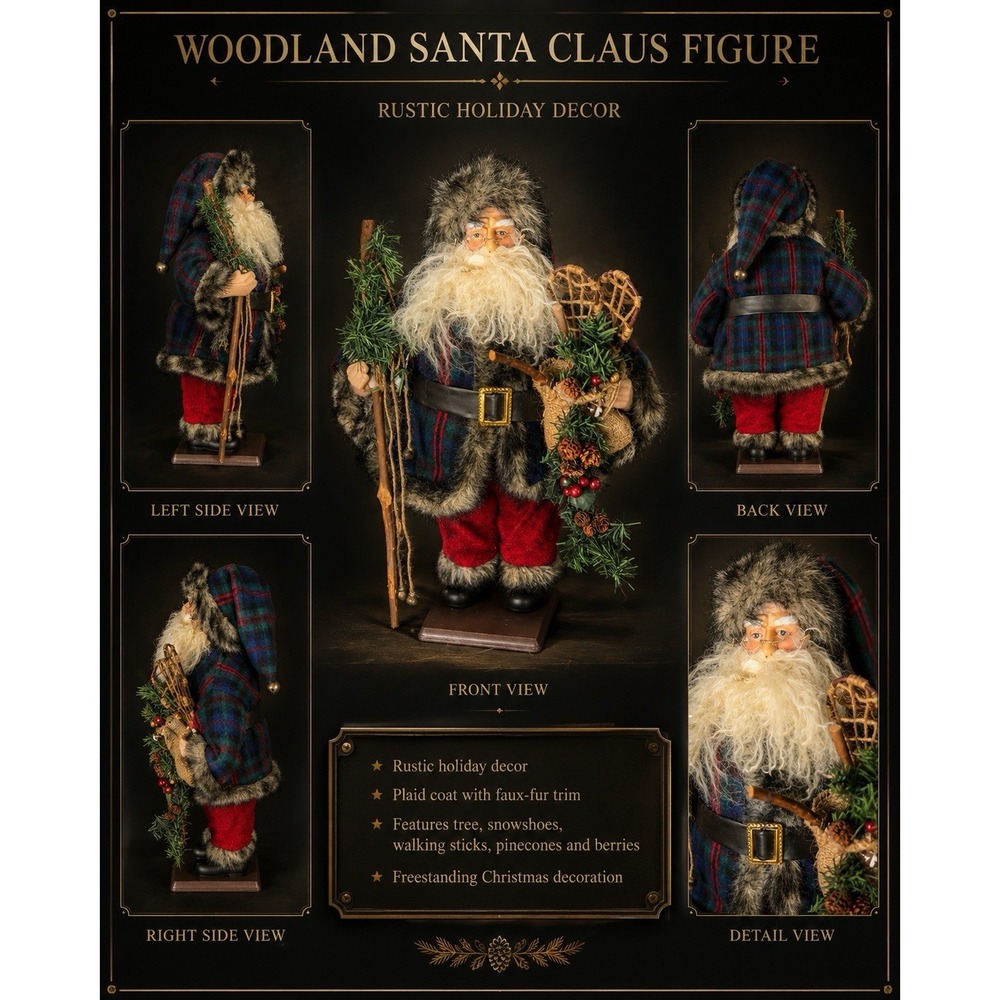 Rustic Woodland Santa Claus Figure Plaid Fur Coat Christmas Decor 19 Inch